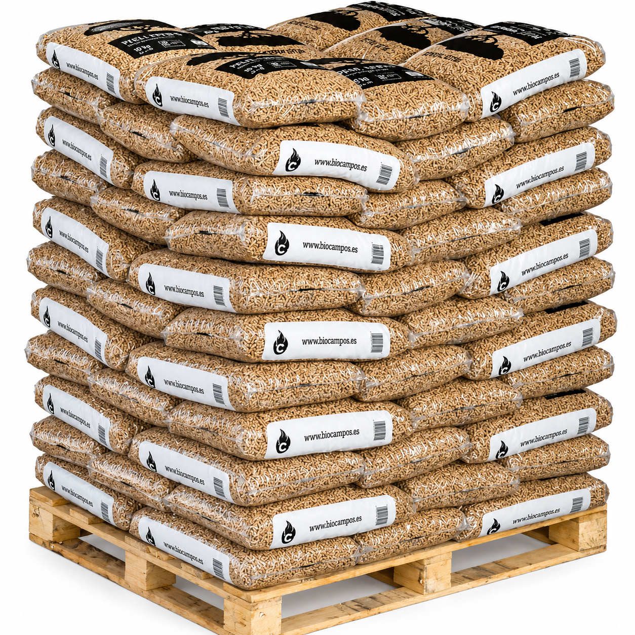 Palet de pellets de madera Piñonero en sacos de 15 kg para calefacción