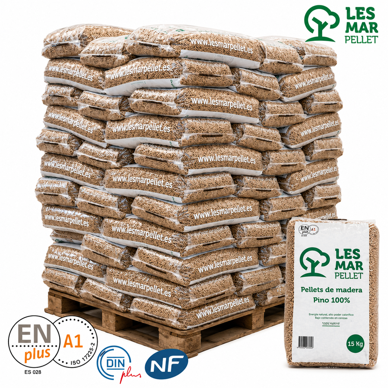 Palet de pellets Lesmar Pellet ENplus Pino 100% en sacos de 15 kg para calefacción