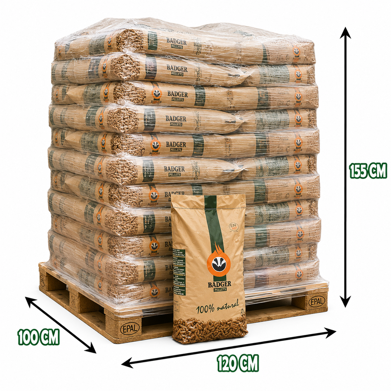 Palet de pellets Badger DINplus y ENplus A1 en sacos de 15 kg para calefacción