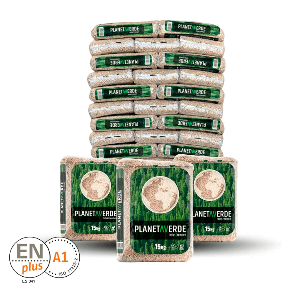 Palet de pellets PLANETA VERDE DIN ENplus A1 en sacos de 15 kg para calefacción